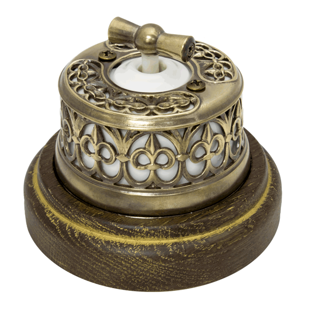 Ретро выключатель Salvador, фарфор, наружный монтаж, поворотный, корич. с накладкой светлая латунь