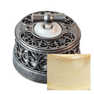 Ретро выключатель Salvador, фарфор, одноклавишный, бежевый, накладка "состаренное серебро"