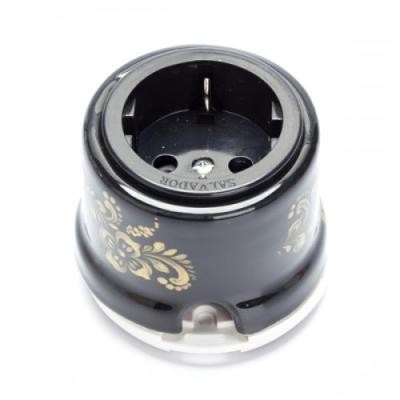 Ретро розетка элеткрическая Salvador, фарфор, наружный монтаж, черный, коллекция "Золотой орнамент"