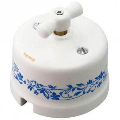 Ретро выключатель Retrika, белый, керамика, декор синий №2 Ретро выключатель Retrika, белый, керамика, декор синий №2