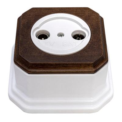 Ретро розетка ТВ Salvador, пластик, наружный монтаж, белый, фигурная рамка дуб коричневый Ретро розетка ТВ Salvador, пластик, наружный монтаж, белый, фигурная рамка дуб коричневый