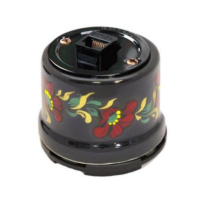 Ретро розетка компьютерная Salvador, фарфор, наружный монтаж, черный, коллекция "Хохлома"