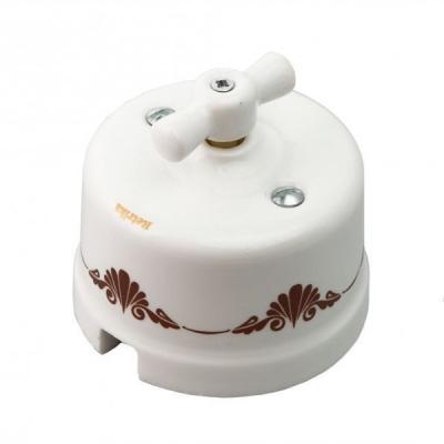 Ретро выключатель Retrika, белый, керамика, декор коричневый №1 Ретро выключатель Retrika, белый, керамика, декор коричневый №1