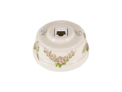 Ретро розетка компьютерная Леанза фарфор, fiori rosa (розовые цветы), серебристая фурнитура