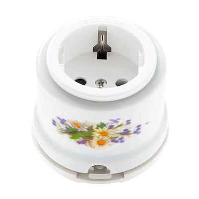 Ретро розетка электрическая Salvador, фарфор, наружный монтаж, белый, коллекция "Ромашка"