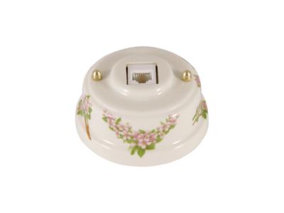 Ретро розетка телефонная Леанза фарфор, fiori rosa (розовые цветы), золотистая фурнитура