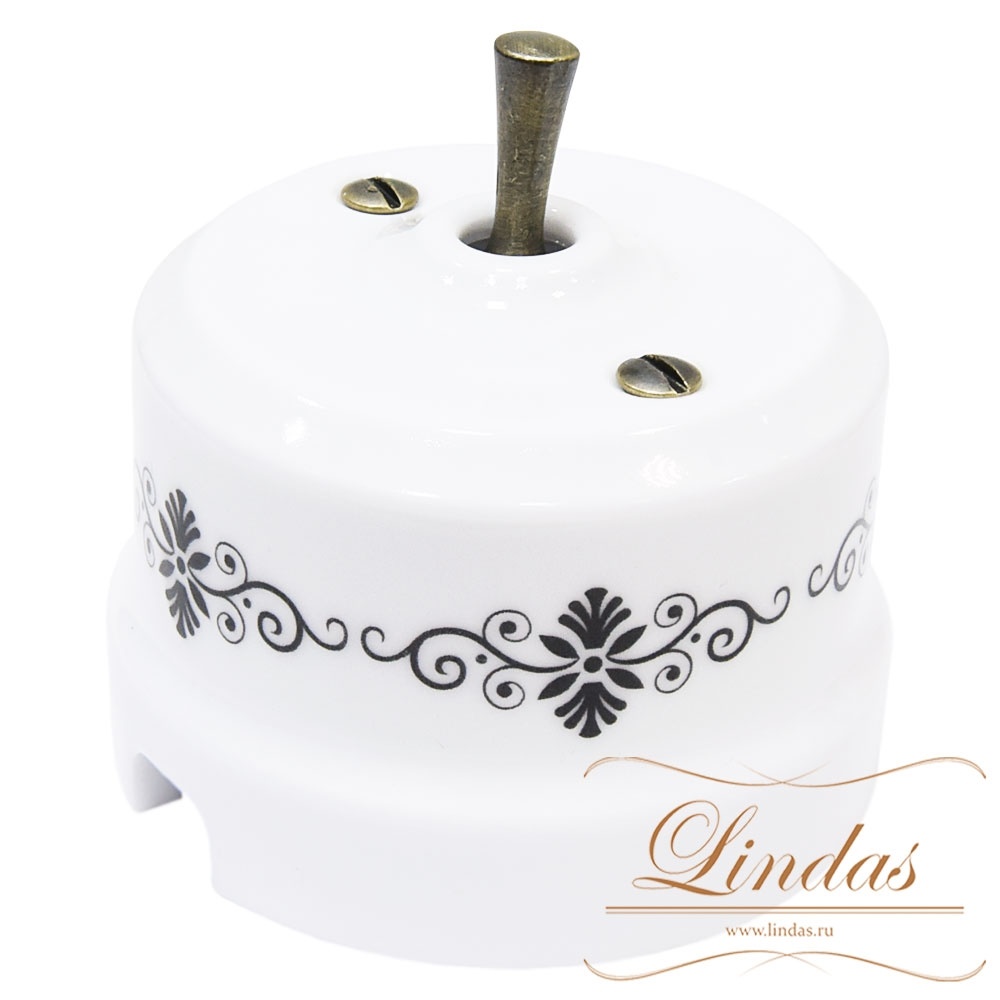 Ретро выключатель тумблерный  Lindas, керамика, белый с черным декором