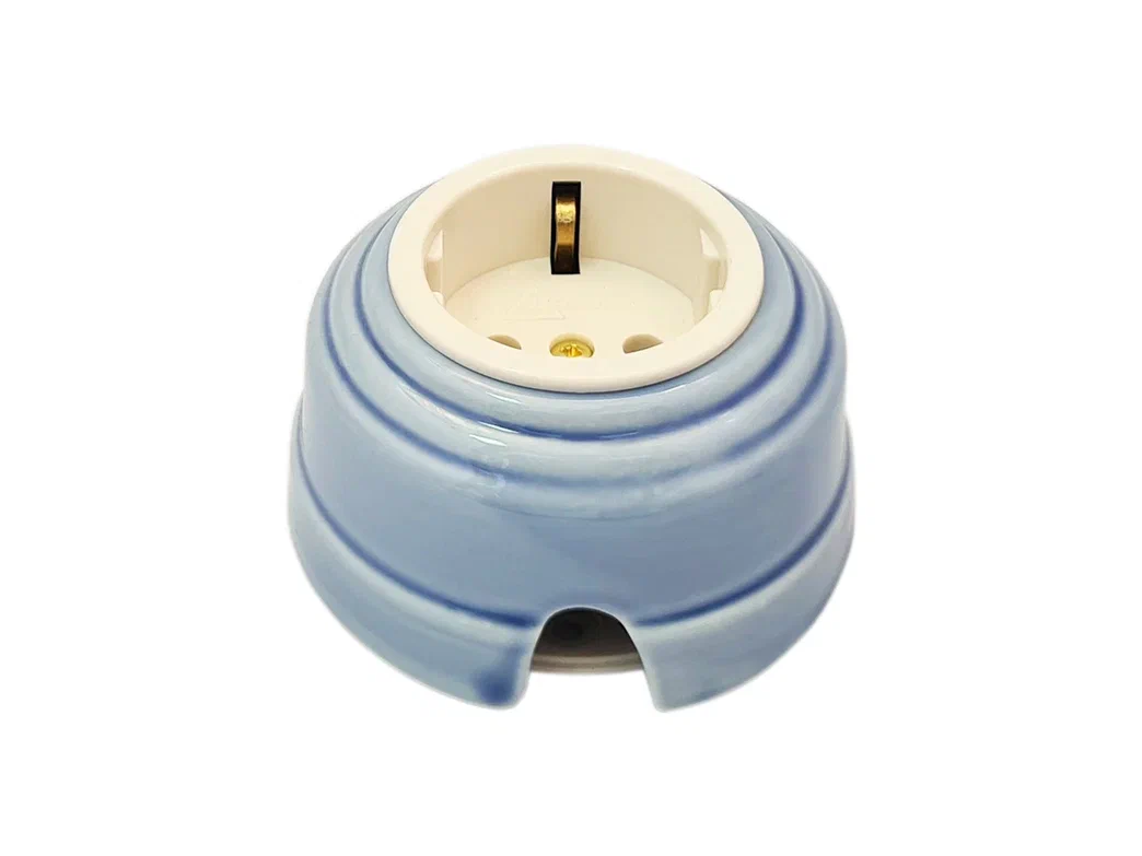 Ретро розетка электрическая Леанза, фарфор, celeste (небесно-голубой), золотистая фурнитура