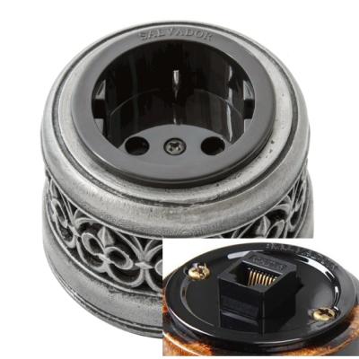 Ретро розетка компьютерная Salvador, фарфор, наружный монтаж, черный, накладка состаренное серебро