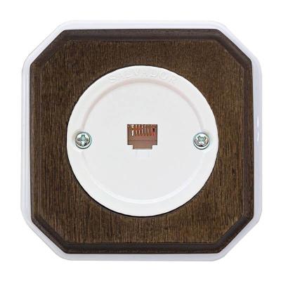 Ретро розетка телефонная Salvador, пластик, наружный монтаж, белый, фигурная рамка дуб коричневый
