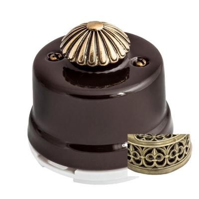 Ретро выключатель Salvador, диммер, фарфор, наружный монтаж, коричневый c накладкой серия "латунь"