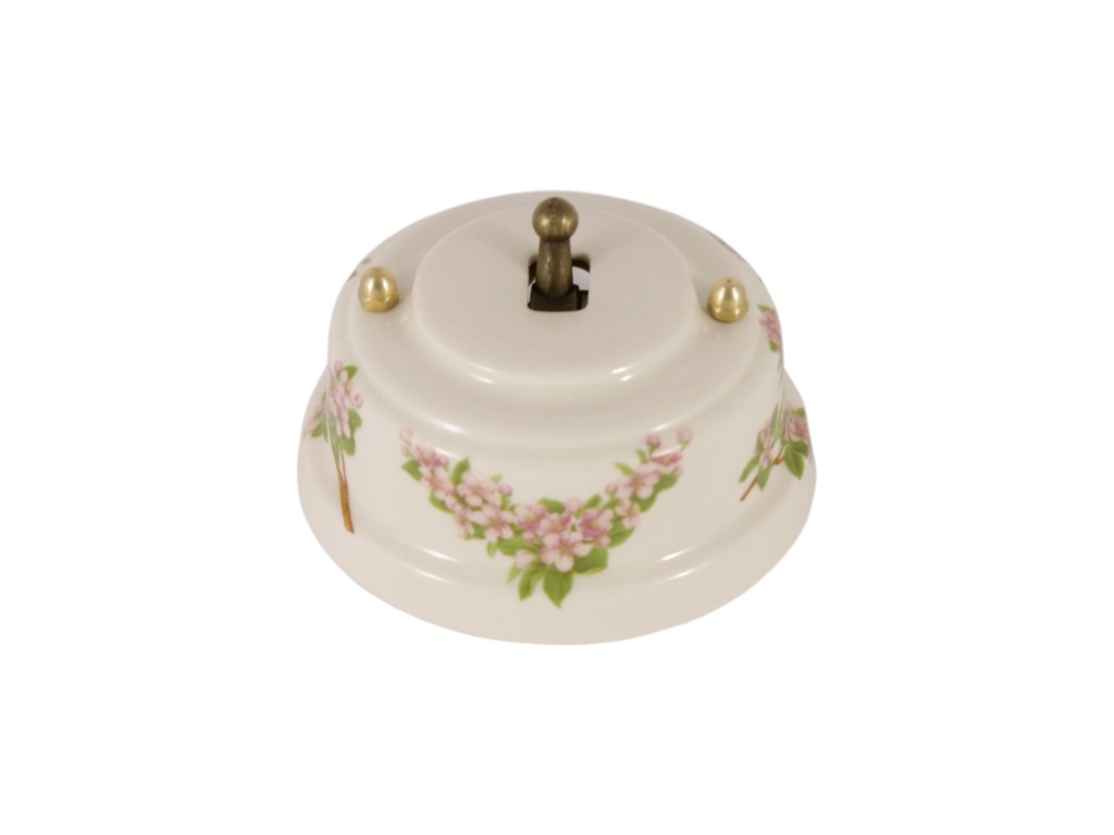 Ретро выключатель тумблерный Леанза, фарфор, fiori rosa (розовые цветы)