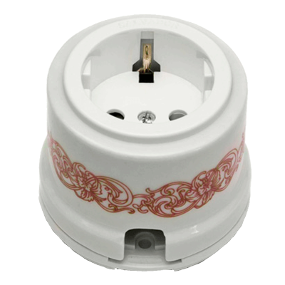 Ретро розетка электрическая Salvador, фарфор, наружный монтаж, белый, коллекция "Узор"
