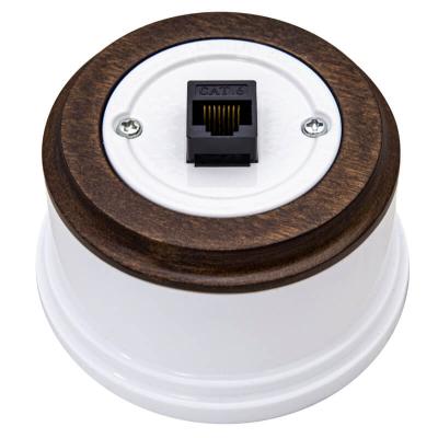 Ретро розетка компьютерная Salvador, пластик, наруж.монтаж, белый, рамка круглая дуб коричневый