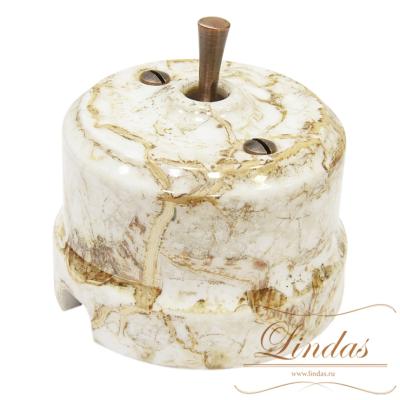 Ретро выключатель кнопка-тумблер, цвет мрамор, ручка латунь, Lindas