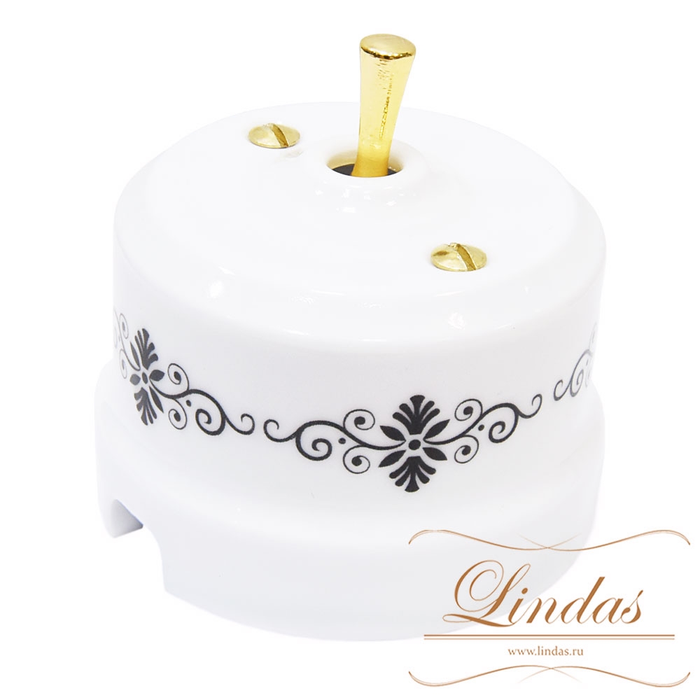 Ретро выключатель тумблерный  Lindas, керамика, белый с черным декором