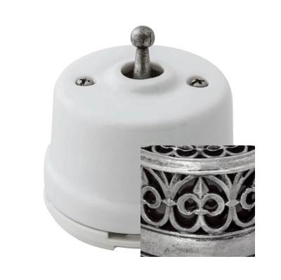 Ретро выключатель Salvador, фарфор, тумблерный, белый, накладка состаренное серебро