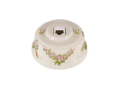 Ретро розетка компьютерная Леанза фарфор, fiori rosa (розовые цветы) золотистая фурнитура