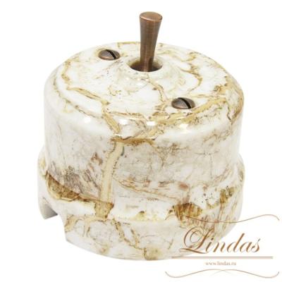 Ретро выключатель кнопка-тумблер, цвет мрамор, ручка медь, Lindas