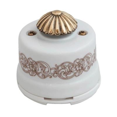 Ретро выключатель Salvador, диммер, фарфор, наруж. монтаж, белый c коричневым орнаментом