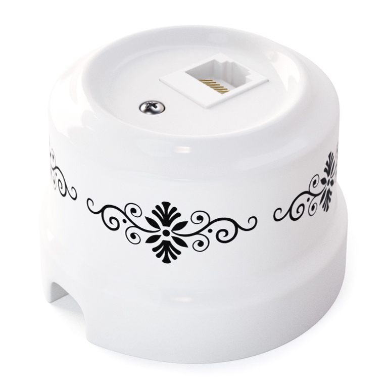 Ретро розетка компьютерная Lindas керамика белый (с черным орнаментом) Ретро розетка компьютерная Lindas керамика белый (с черным орнаментом)