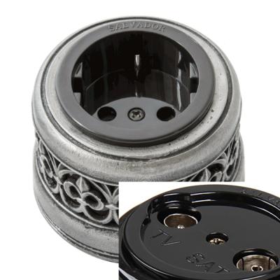 Ретро розетка ТВ Salvador, фарфор, наружный монтаж, черный, накладка состаренное серебро