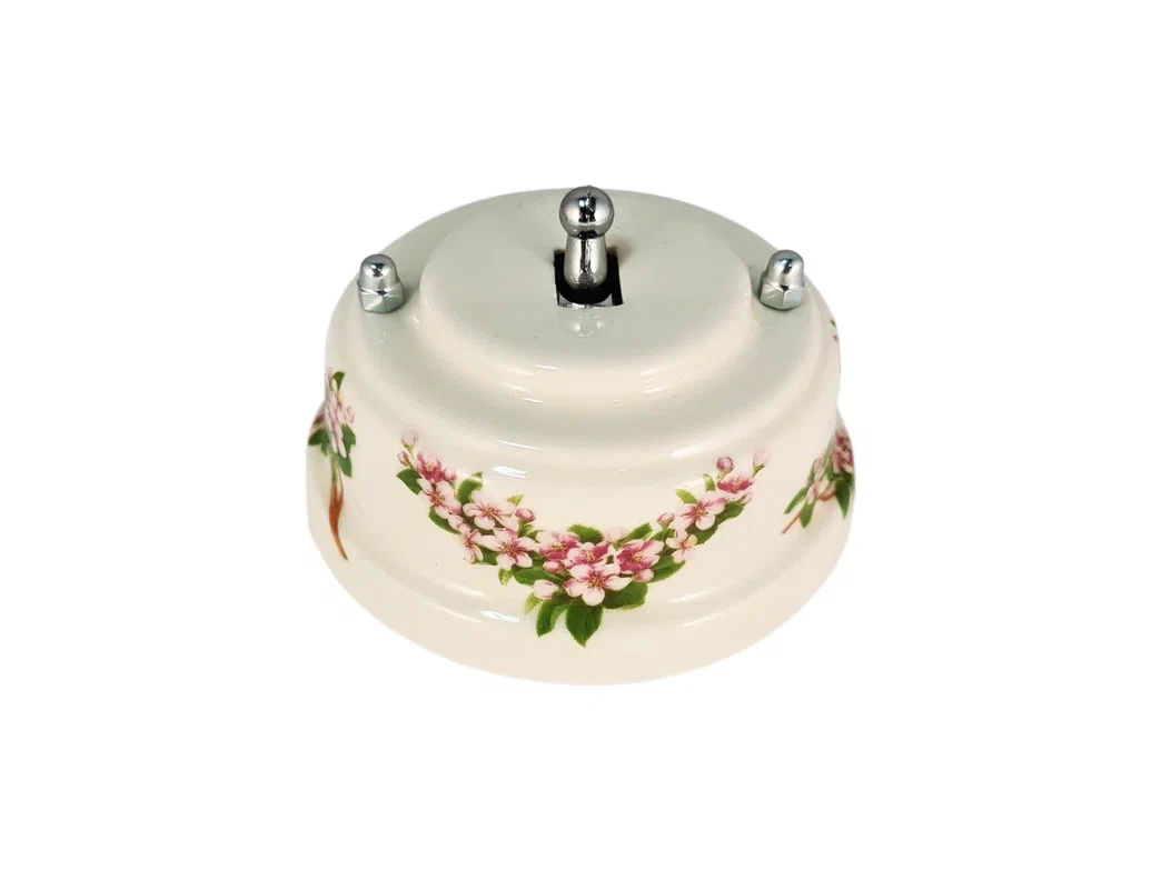 Ретро выключатель тумблерный Леанза, фарфор, fiori rosa (розовые цветы)