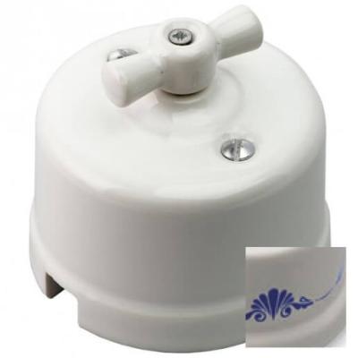 Ретро выключатель Retrika, белый, керамика, декор синий №1