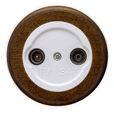 Ретро розетка ТВ Salvador, пластик, наруж.монтаж, белый, рамка круглая дуб коричневый Ретро розетка ТВ Salvador, пластик, наруж.монтаж, белый, рамка круглая дуб коричневый