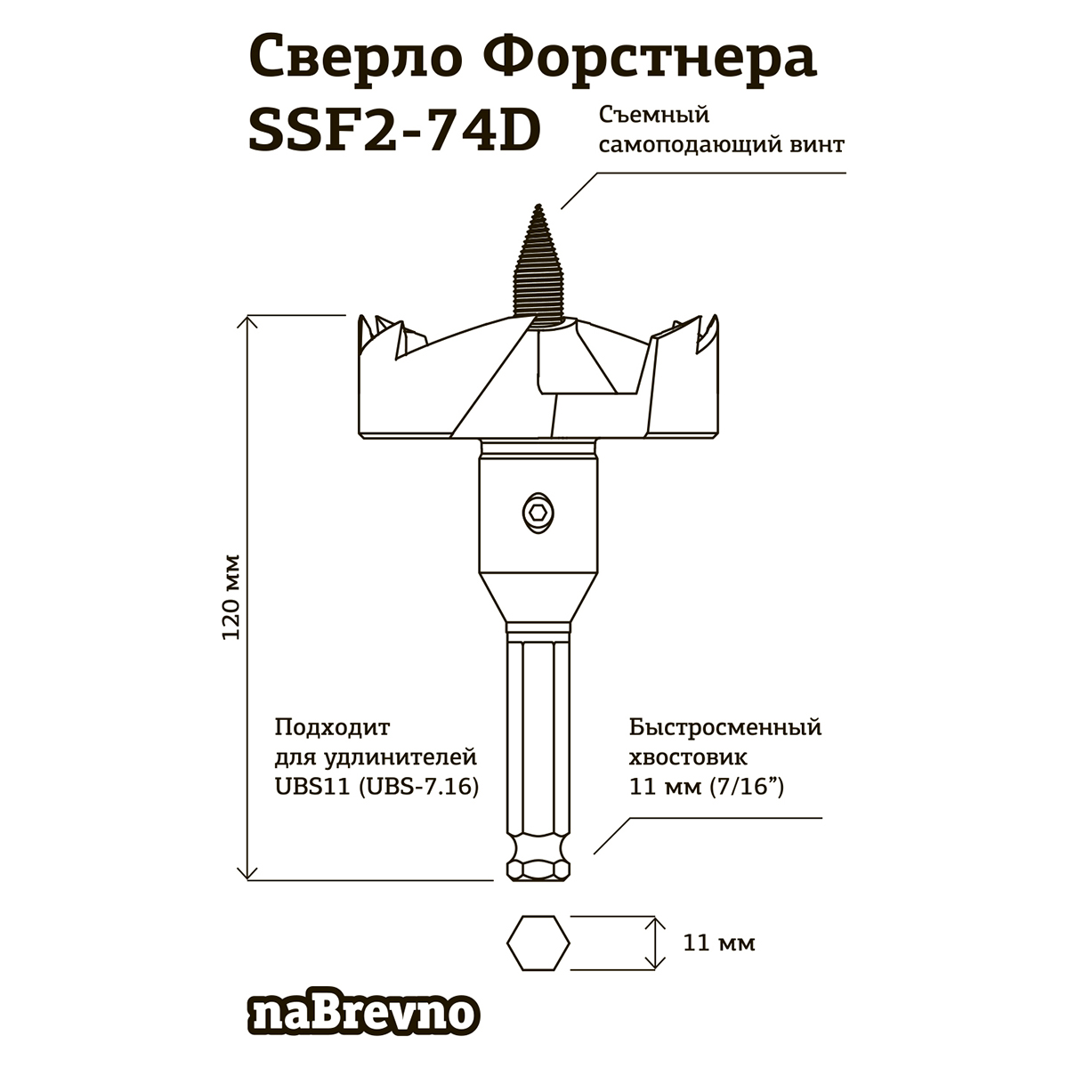 Качественная картинка Самоподающее (винтовое) сверло Форстнера 74 мм по дереву, naBrevno, двухзаходное