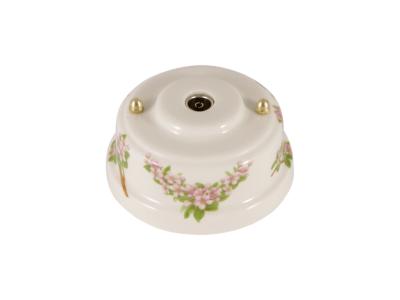 Ретро розетка ТВ Леанза фарфор, fiori rosa (розовые цветы), золотистая фурнитура