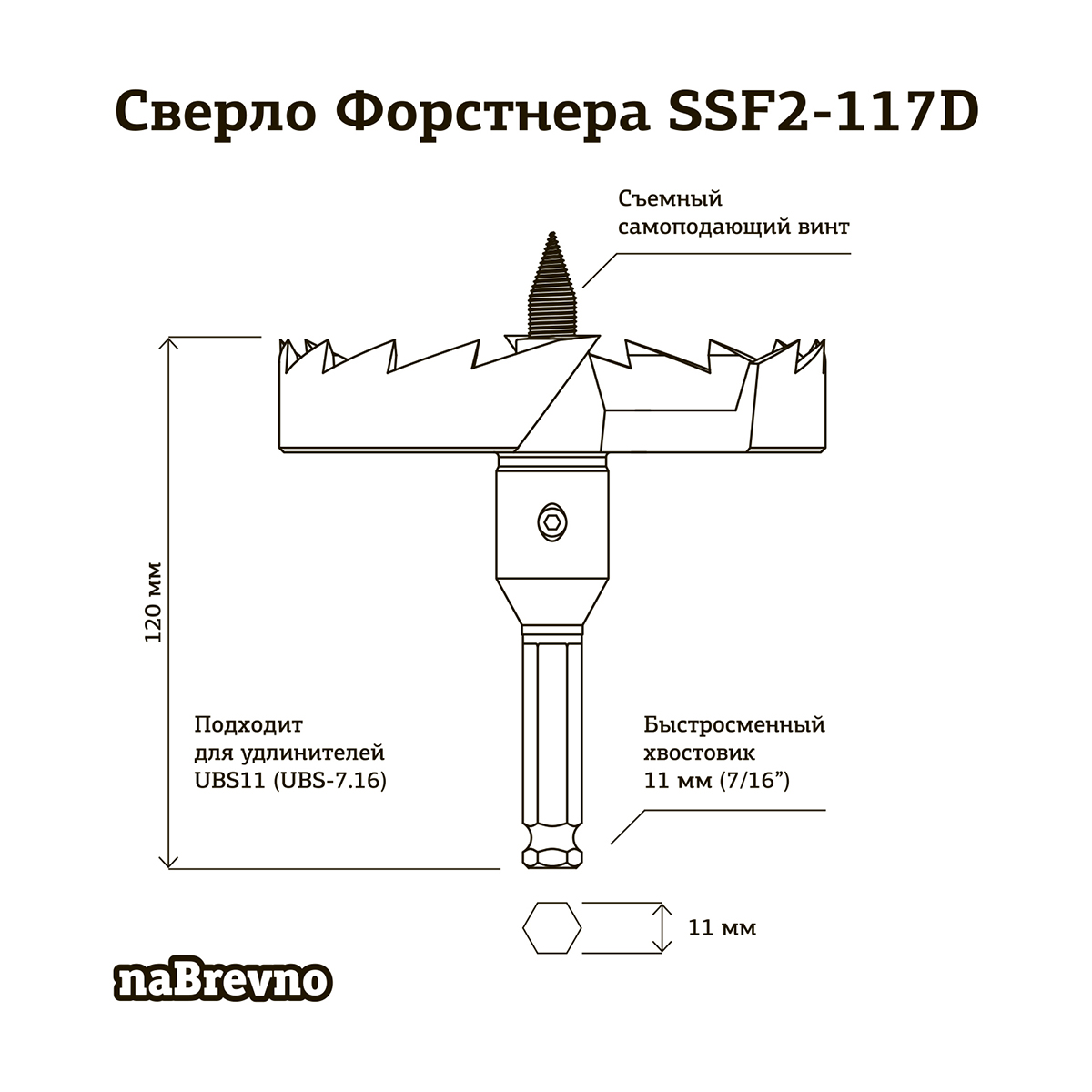 Качественная картинка Самоподающее (винтовое) сверло Форстнера 117 мм по дереву, naBrevno, двухзаходное