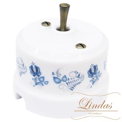 Ретро выключатель кнопка-тумблер Lindas, орнамент  №3 (гжель), ручка бронза Ретро выключатель кнопка-тумблер Lindas, орнамент  №3 (гжель), ручка бронза