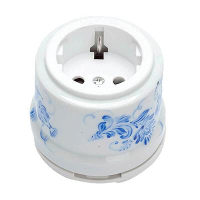 Ретро розетка электрическая Salvador, фарфор, наружный монтаж, белый, коллекция "Гжель"