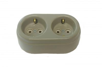 Ретро розетка электрическая двойная Interior Electric, серия "Арбат", керамика, с/з 16А, серый